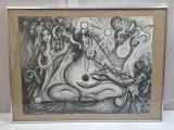 Grote Vintage Inktschets/Houtskooltekening (1974) – Symbolisch Surrealisme – kavel bij De Kringwinkel, Waardamme