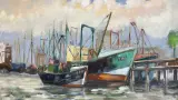 Olieverfschilderij A. Peere vissershaven Zeebrugge in zwart-gouden lijst – foto 2 – kavel bij De Kringwinkel, Waardamme