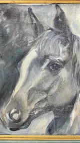 Olieverfschilderij paardenhoofd E. Doye portret in groen gouden lijst – foto 2 – kavel bij De Kringwinkel, Waardamme