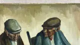 Schilderij M. Vanhoutte twee zittende mannen op doek – foto 2 – kavel bij De Kringwinkel, Waardamme