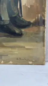 Schilderij M. Vanhoutte twee zittende mannen op doek – foto 3 – kavel bij De Kringwinkel, Waardamme