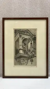 Ets J. Severin Mariabeeld gevelkapel met straatlantaarn in kader – kavel bij De Kringwinkel, Waardamme