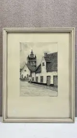 Tekening Fr. Verbeke historisch stadsgezicht 1977 in kader – kavel bij De Kringwinkel, Waardamme