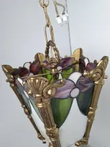 Exclusieve Vintage Tiffany Stijl Lantaarn Hanglamp – Glas-in-Lood met Bronzen Frame – foto 3 – kavel bij De Kringwinkel, Waardamme