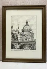 Gelijste lithografie / ets – Berlin Mühlendammschleuse met Berliner Dom, genummerd (133/400) en gesigneerd – kavel bij De Kringwinkel, Waardamme