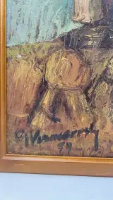 Vintage expressionistisch olieverfschilderij – Vlaamse staakmolen met korenmijten, gesigneerd & gedateerd '79 – foto 2 – kavel bij De Kringwinkel, Waardamme