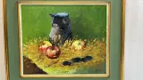 Vintage post-impressionistisch olieverfschilderij – Stilleven met aardewerken kan, appels en pruimen op strobed, gesigneerd Houf. H., 20e eeuw – foto 2 – kavel bij De Kringwinkel, 