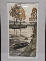 Gesigneerde kleurenets met roeiboot in herfstlandschap - Roger Hebbelinck - 12/350 – foto 2 – kavel bij De Kringwinkel, Gent