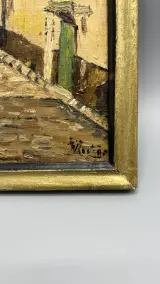 Schilderij olieverf op paneel stadsgezicht met poortdoorgang in goudkleurige lijst – foto 2 – kavel bij De Kringwinkel, Oostkamp