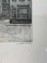 Ets J. Severin historisch stadsgezicht met trapgevels en kasseistraat in kader – foto 2 – kavel bij De Kringwinkel, Oostkamp