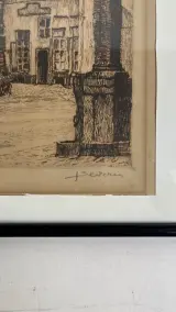 Ets J. Severin historisch stadsgezicht met kerkplein en monumentale zuil – foto 2 – kavel bij De Kringwinkel, Oostkamp