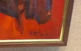 Abstract schilderij in houten lijst op linnen achtergrond – foto 3 – kavel bij De Kringwinkel, Aalst