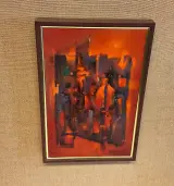 Abstract schilderij in houten lijst op linnen achtergrond – foto 5 – kavel bij De Kringwinkel, Aalst