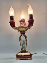 Vintage Porseleinen Kandelaarlamp - Bordeaux & Goud met Handgeschilderde Vogels – foto 2 – kavel bij De Kringwinkel, Gent