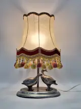 Vintage Tinnen Tafellamp met Eenden & Perkamenten Franje Kap – kavel bij De Kringwinkel, Gent