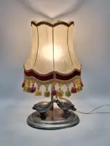 Vintage Tinnen Tafellamp met Eenden & Perkamenten Franje Kap – foto 3 – kavel bij De Kringwinkel, Gent