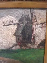 Impressionistisch molenlandschap - Olieverfschilderij met windmolen in sierlijke vergulde lijst – foto 3 – kavel bij De Kringwinkel, Gent