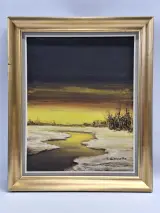Olieverfschilderij van winters rivierlandschap bij zonsondergang - E. Lamotte – kavel bij De Kringwinkel, Gent