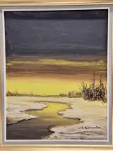 Olieverfschilderij van winters rivierlandschap bij zonsondergang - E. Lamotte – foto 2 – kavel bij De Kringwinkel, Gent