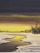 Olieverfschilderij van winters rivierlandschap bij zonsondergang - E. Lamotte – foto 3 – kavel bij De Kringwinkel, Gent