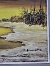 Olieverfschilderij van winters rivierlandschap bij zonsondergang - E. Lamotte – foto 4 – kavel bij De Kringwinkel, Gent