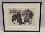 Handgesigneerde grafische prent met drie trekpaarden en dorpsgezicht - Oscar Bonnevalle – kavel bij De Kringwinkel, Gent