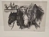 Handgesigneerde grafische prent met drie trekpaarden en dorpsgezicht - Oscar Bonnevalle – foto 2 – kavel bij De Kringwinkel, Gent