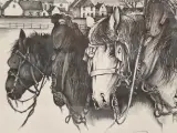 Handgesigneerde grafische prent met drie trekpaarden en dorpsgezicht - Oscar Bonnevalle – foto 3 – kavel bij De Kringwinkel, Gent