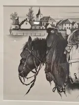 Handgesigneerde grafische prent met drie trekpaarden en dorpsgezicht - Oscar Bonnevalle – foto 4 – kavel bij De Kringwinkel, Gent