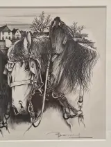 Handgesigneerde grafische prent met drie trekpaarden en dorpsgezicht - Oscar Bonnevalle – foto 5 – kavel bij De Kringwinkel, Gent