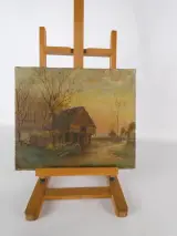 Gesigneerd olieverfschilderij met een boerderij bij zonsondergang - 2010 – kavel bij De Kringwinkel, Heverlee