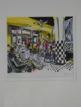 Ingelijste kleurenlitho - Café Tout-Va-Bien - Nick Andrews – foto 3 – kavel bij De Kringwinkel, Heverlee