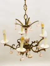 Vintage romantische kroonluchter - 5-armig - roze porselein & messingkleurig metaal - bloemen – foto 5 – kavel bij De Kringwinkel, Antwerpen