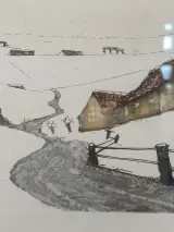Ingelijste litho van een landschap met boerderijen en bomen – foto 6 – kavel bij De Kringwinkel, Oudenaarde
