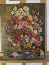 Gesigneerd olieverfschilderij - J.V. Hermans – “Bouquet de Roses dans un Vase” – foto 5 – kavel bij De Kringwinkel, Heverlee