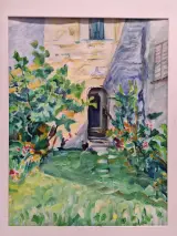 Zonnige binnentuin met bloemen - expressionistisch schilderij uit 1990 - Bresou – foto 2 – kavel bij De Kringwinkel, Gent