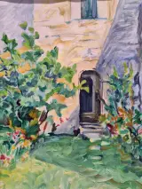 Zonnige binnentuin met bloemen - expressionistisch schilderij uit 1990 - Bresou – foto 3 – kavel bij De Kringwinkel, Gent