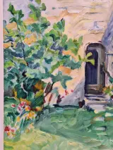 Zonnige binnentuin met bloemen - expressionistisch schilderij uit 1990 - Bresou – foto 4 – kavel bij De Kringwinkel, Gent