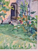 Zonnige binnentuin met bloemen - expressionistisch schilderij uit 1990 - Bresou – foto 5 – kavel bij De Kringwinkel, Gent