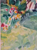 Zonnige binnentuin met bloemen - expressionistisch schilderij uit 1990 - Bresou – foto 9 – kavel bij De Kringwinkel, Gent