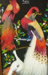 Mexicaans verenkunst schilderij met vogels – Tampico, Mexico – foto 3 – kavel bij De Kringwinkel, Turnhout
