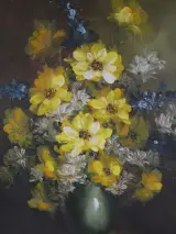 Schilderij met gele bloemen in groene vaas – foto 2 – kavel bij De Kringwinkel, Heverlee