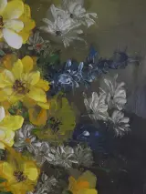 Schilderij met gele bloemen in groene vaas – foto 3 – kavel bij De Kringwinkel, Heverlee