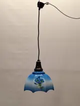 Vintage hanglamp met 3 extra verwisselbare opalineglazen kappen – handbeschilderd bloemendecor – foto 8 – kavel bij De Kringwinkel, Gent