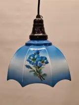 Vintage hanglamp met 3 extra verwisselbare opalineglazen kappen – handbeschilderd bloemendecor – foto 9 – kavel bij De Kringwinkel, Gent