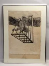 Fons De Vogelaere - Gekooide roofvogel - gemengde techniek, gesigneerd en gedateerd 1998 - Fons De Vogelaere – kavel bij De Kringwinkel, Gent