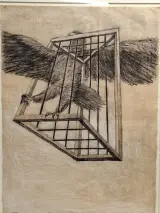 Fons De Vogelaere - Gekooide roofvogel - gemengde techniek, gesigneerd en gedateerd 1998 - Fons De Vogelaere – foto 3 – kavel bij De Kringwinkel, Gent