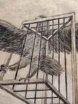 Fons De Vogelaere - Gekooide roofvogel - gemengde techniek, gesigneerd en gedateerd 1998 - Fons De Vogelaere – foto 5 – kavel bij De Kringwinkel, Gent