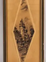 Gesigneerd historisch stadsgezicht met middeleeuwse toren - pentekening op hout, 1934 – foto 2 – kavel bij De Kringwinkel, Gent