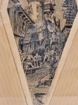 Gesigneerd historisch stadsgezicht met middeleeuwse toren - pentekening op hout, 1934 – foto 3 – kavel bij De Kringwinkel, Gent